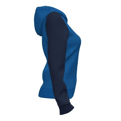 Joma women's Academy IV zip-up hoodie in royal and navy, casual jacket with front zipper and hood, perfect for athletic and everyday wear.