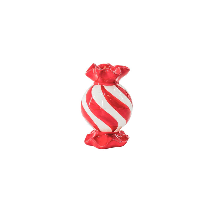Kandelaar- Rond Toffee Snoepje Kaarshouder- Keramiek- Rood/ Wit- 8,5x8,5x13 cm