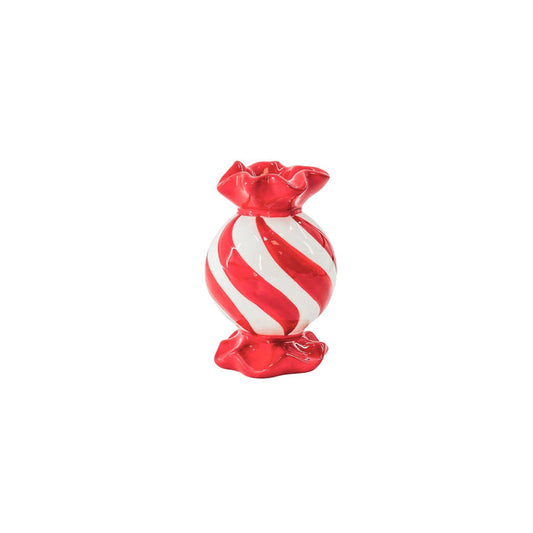 Kandelaar- Rond Toffee Snoepje Kaarshouder- Keramiek- Rood/ Wit- 8,5x8,5x13 cm