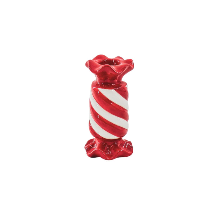 Kandelaar-Toffee Snoepje Kaarshouder- Keramiek- Rood/ Wit-7,5x7,5x13 cm