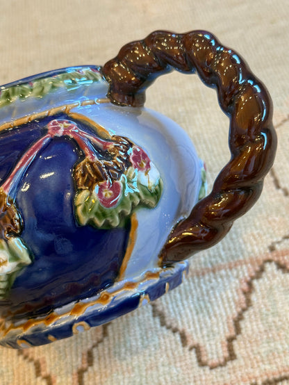 Large Vintage Cobalt Blue Floral Pitcher with Twisted Handle