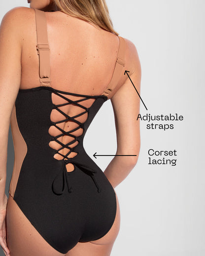 Details graphic pointing to back waist snatching lacing on model in Lifty - Contour Black/Tawny