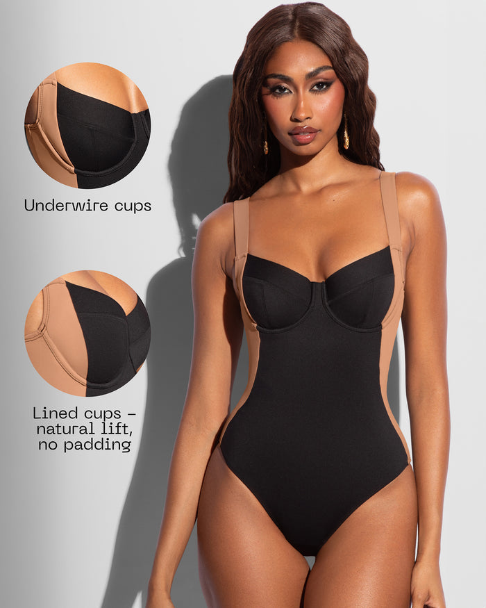 Details graphic pointing out underwire cups on model in Lifty - Contour Black/Tawny