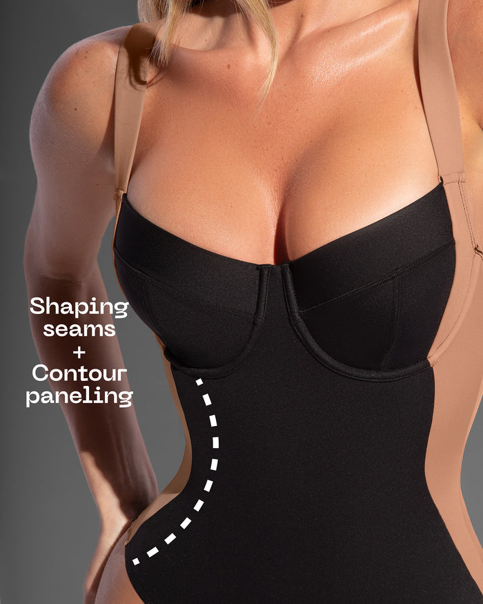 Details graphic pointing to the contour paneling on model in Lifty - Contour Black/Tawny
