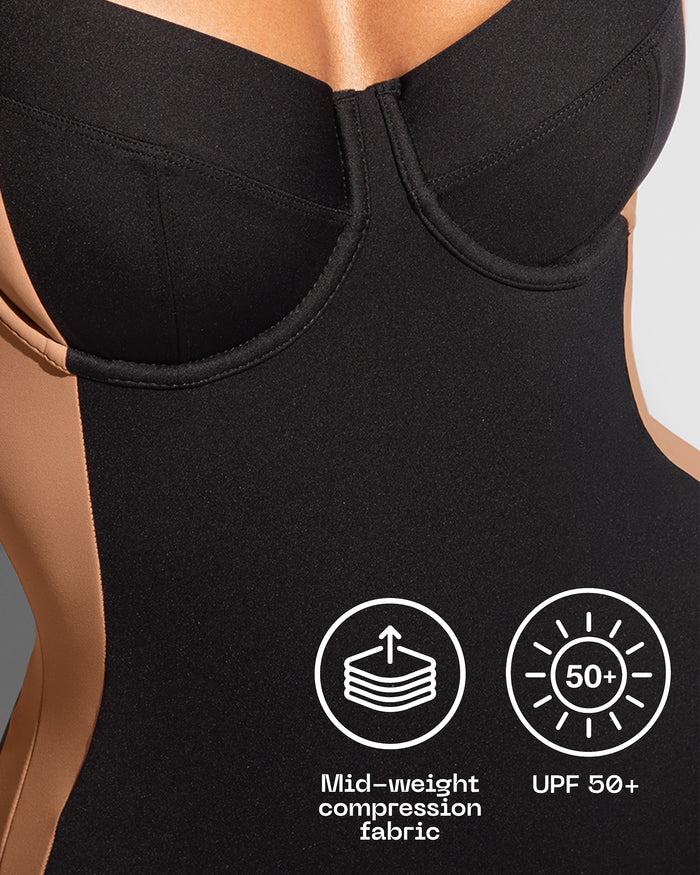 Close up details graphic of mid-weight compression fabric on model in Lifty - Contour Black/Tawny