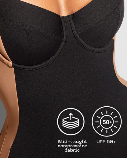 Close up details graphic of mid-weight compression fabric on model in Lifty - Contour Black/Tawny