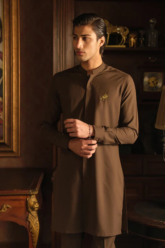 LIGHT BROWN SELF CHAMBRAY WASH N WEAR KURTA PAJAMA