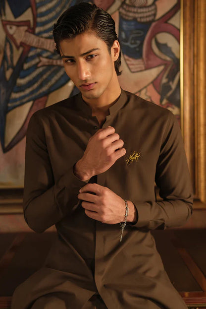 LIGHT BROWN SELF CHAMBRAY WASH N WEAR KURTA PAJAMA