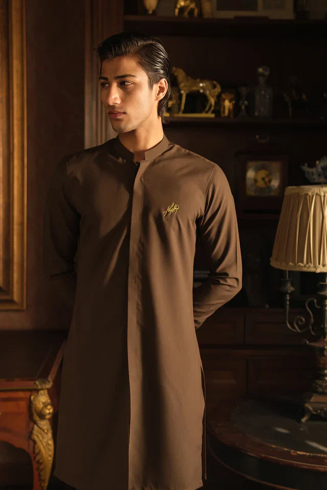 LIGHT BROWN SELF CHAMBRAY WASH N WEAR KURTA PAJAMA