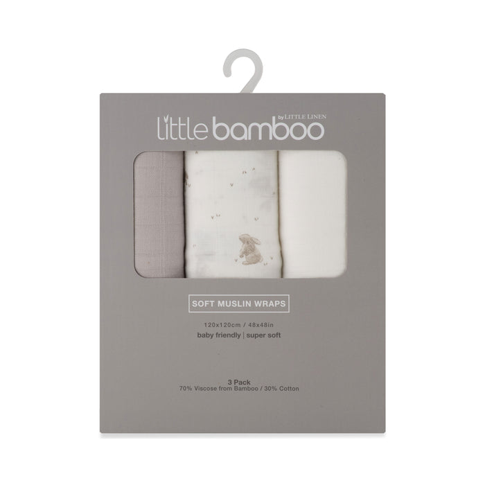 Little Bamboo Muslin Wrap 3pk - Stone Grey