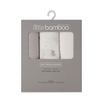 Little Bamboo Muslin Wrap 3pk - Stone Grey