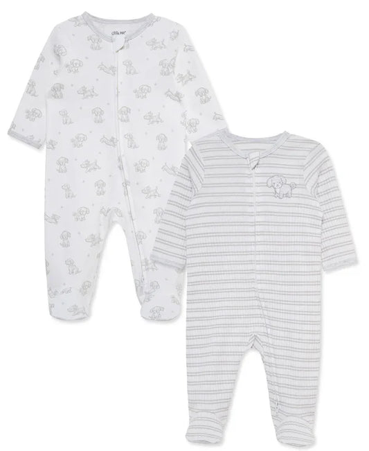 Little Me Cuddly Puppies White 2-Way-Zip Footies 2-Pack
