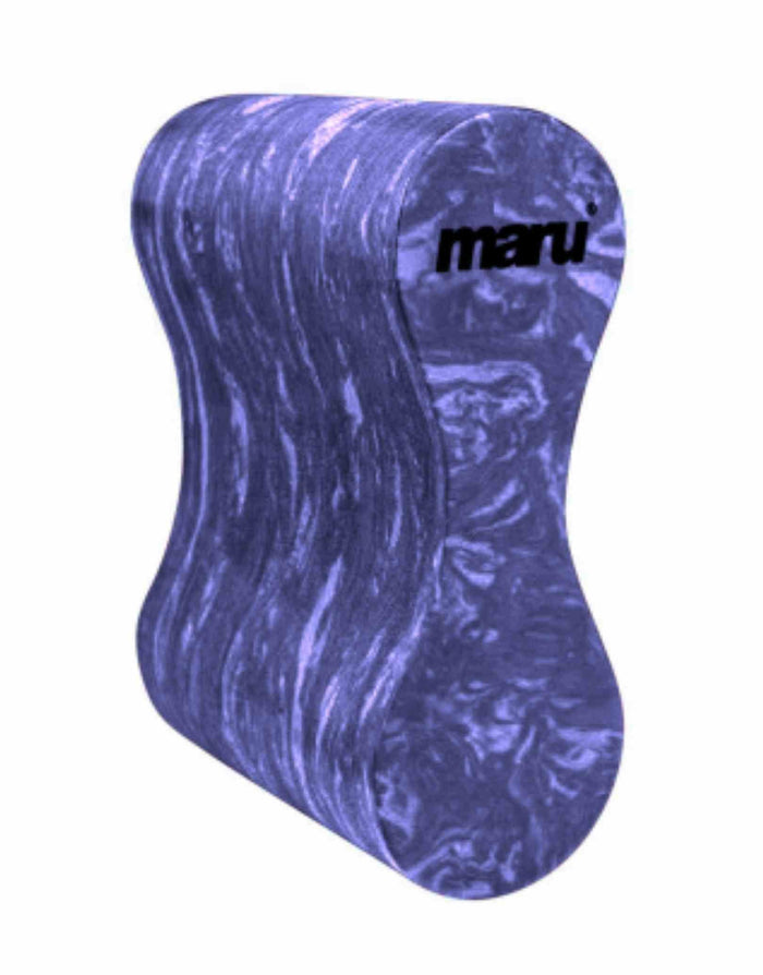 Maru Adult swirl pull buoy with blue white marbled yoga block and maru logo