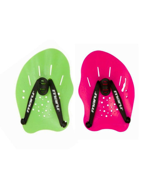 Maru Hand Paddles: neon green and pink lightweight polypropylene swim paddles with flow holes and black straps