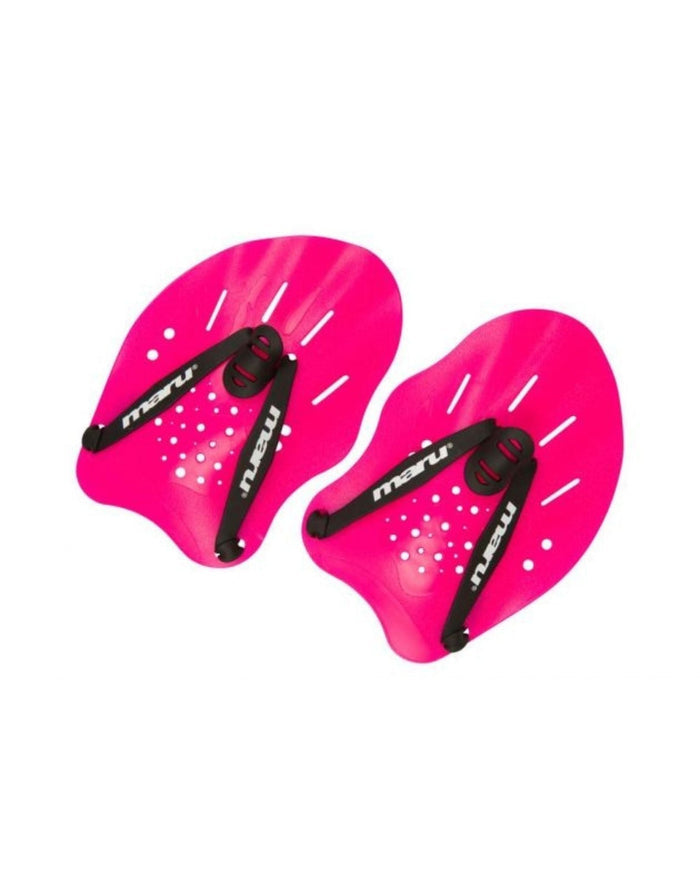 Maru Hand Paddles: pink neoprene with black straps, white accents, lightweight polypropylene