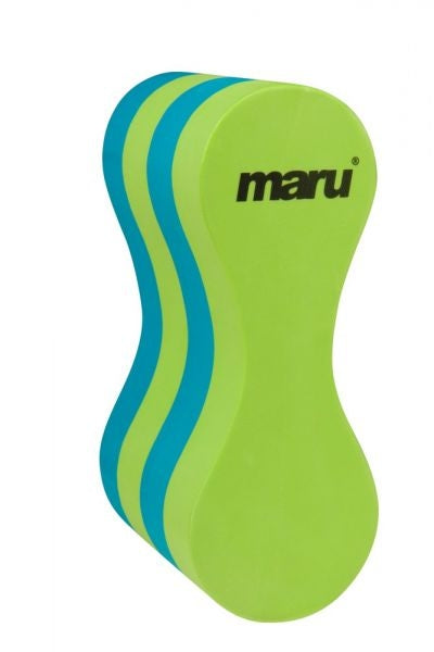 Brightly coloured junior Maru pull buoy in lime green and teal blue with rounded design