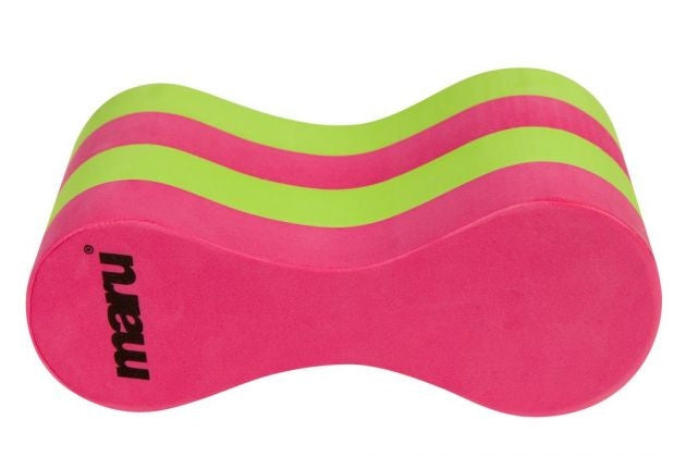 Brightly coloured junior Maru pull buoy with pink lime foam and nau logo
