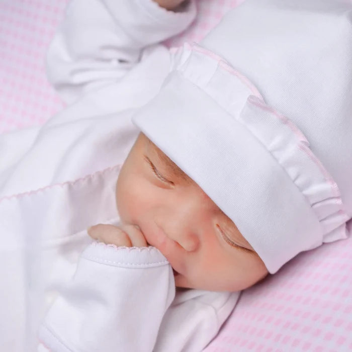MB Essentials White Ruffle Hat w/ Pink Trim