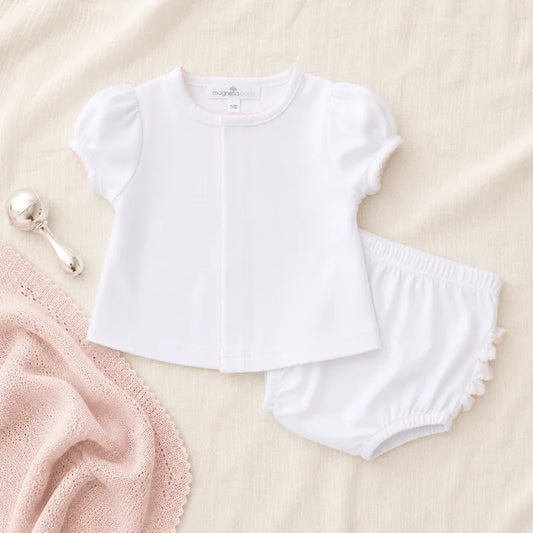 MB Solid Essentials White Ruffle Diaper Set w/ Pink Trim