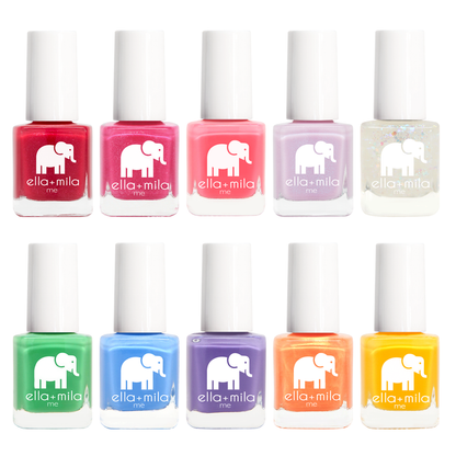Me Collection 10 mini nail polish bottles in red, pinks, lavender, glitter, green, blue, purple, yellow and coral