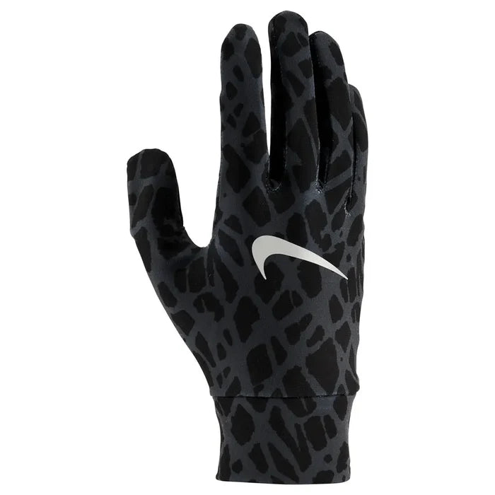 Black Nike men's lightweight tech running gloves with printed design, designed for comfort and performance during outdoor workouts.