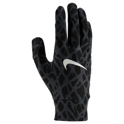 Black Nike men's lightweight tech running gloves with printed design, designed for comfort and performance during outdoor workouts.