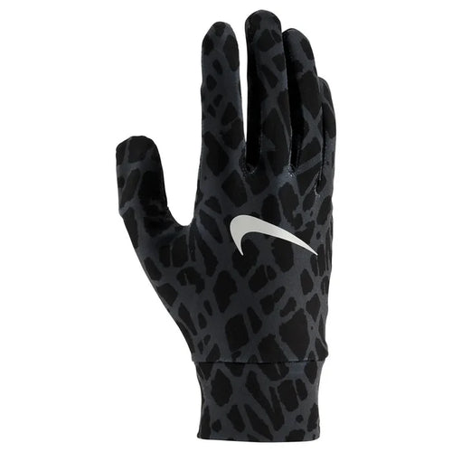 Black Nike men's lightweight tech running gloves with printed design, designed for comfort and performance during outdoor workouts.