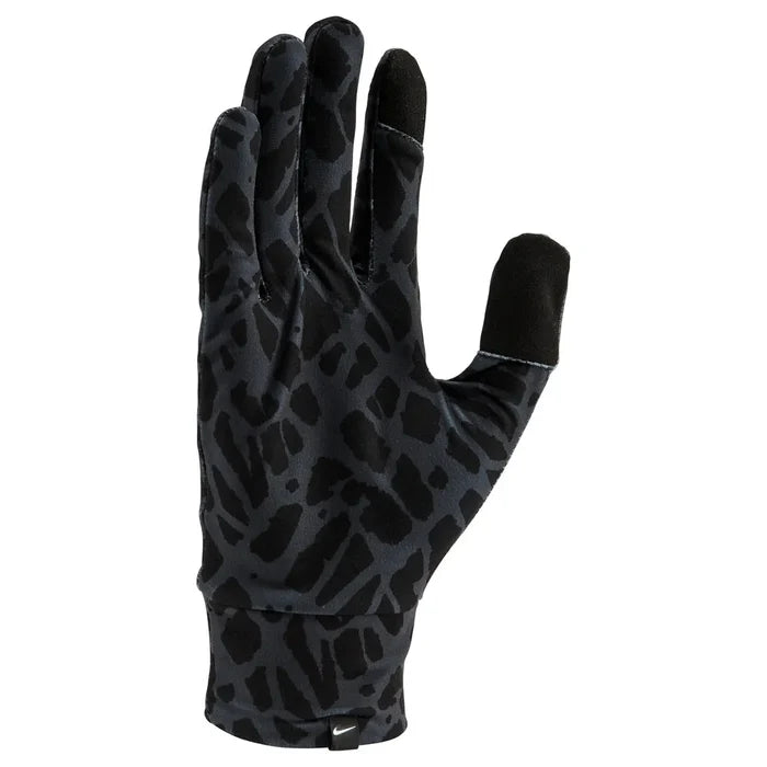 Nike men's lightweight tech running gloves in black with printed design, designed for comfort and performance during outdoor runs.