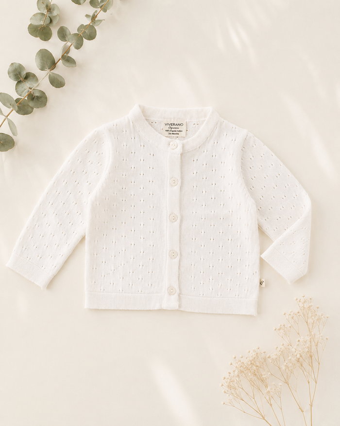 Organic Milan Dove White Pointelle Knit Baby Cardigan