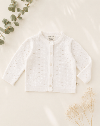 Organic Milan Dove White Pointelle Knit Baby Cardigan