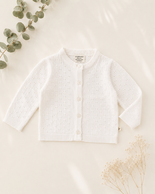Organic Milan Dove White Pointelle Knit Baby Cardigan