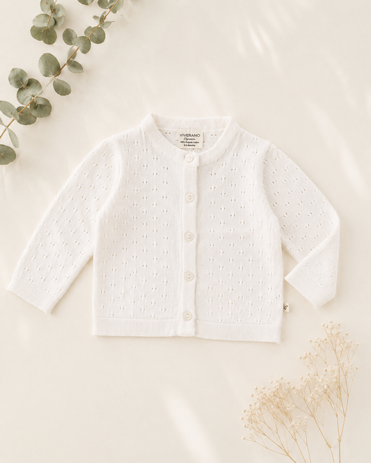 Organic Milan Dove White Pointelle Knit Baby Cardigan