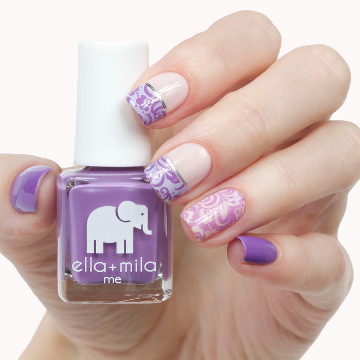 Mila's Fave purple nail polish with pink glitter and lace accent nail art