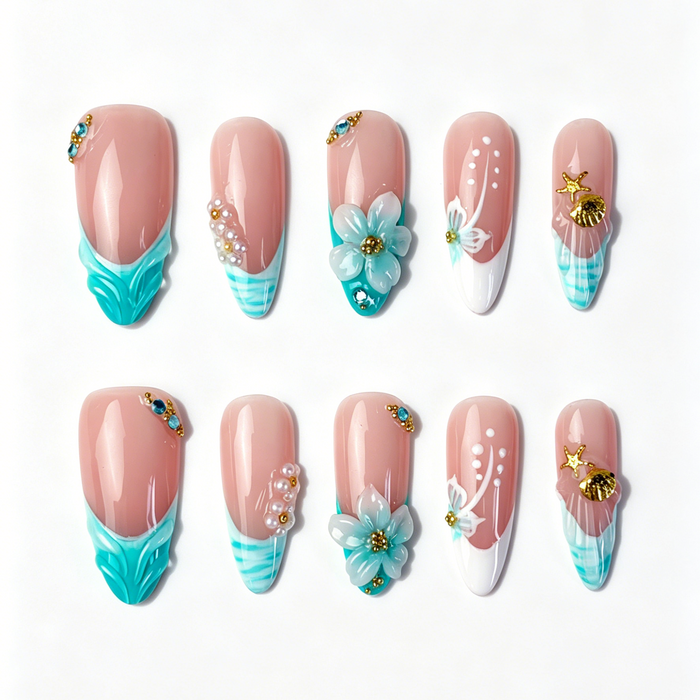 Mint Bloom Nude Mint Gradient Floral Almond Press On Nails