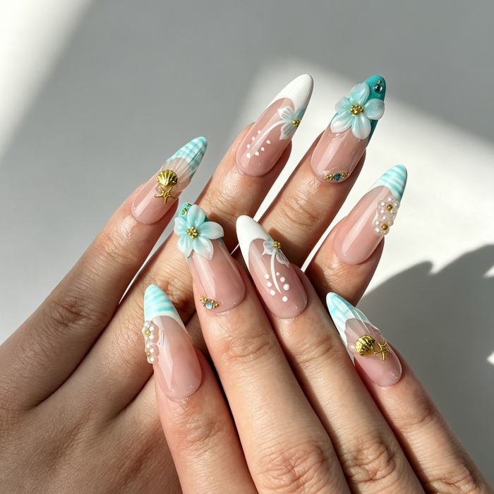 Cute Summer Seaside Handmade Almond Nails Daily Wear