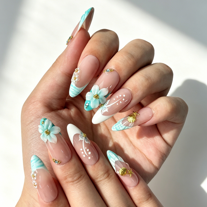 Close Up 3D Embossed Nail Art, Turquoise Floral Ocean Starfish Shell Pearl Rhinestone Decor, Medium Almond Nude Gradient Press On Nail Detail Shot