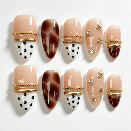 Retro Tortoise almond press‑on nails, tortoise shell polka dot gold chain fake nails