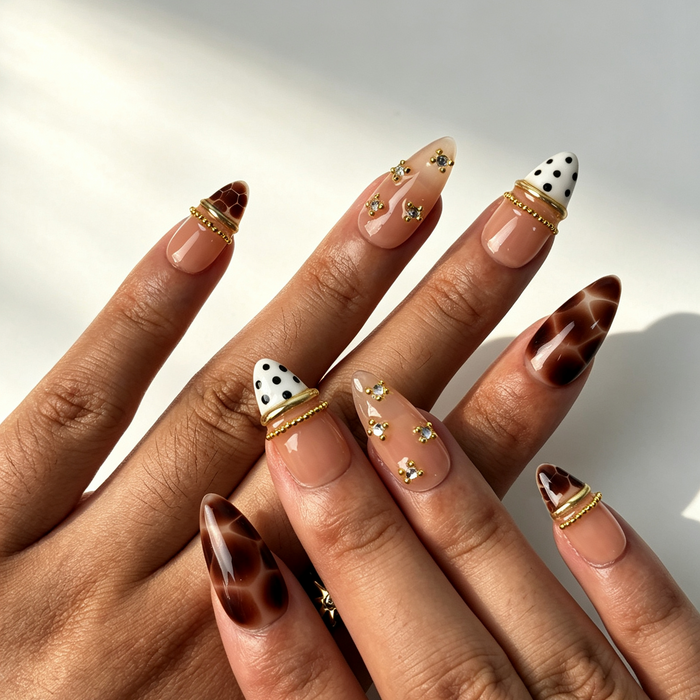 Autumn tortoise shell polka dot gold chain press‑on nails on hand