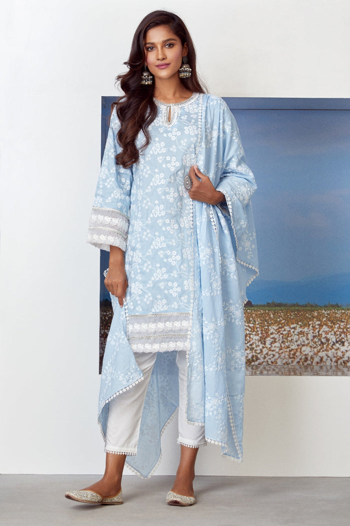 Mulmul Supima Cotton Viva Light Blue Kurta