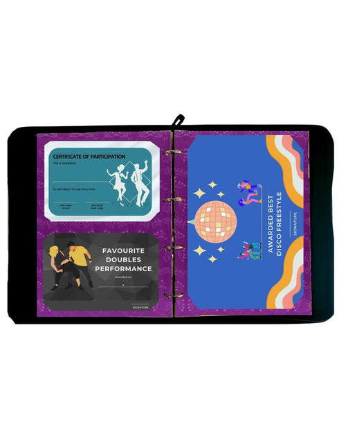 Colorful dance-themed pages for My Proud Moments certificate holders