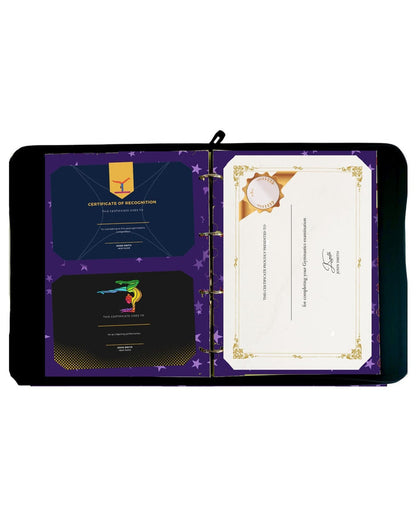 Purple and gold Proud Moments certificate holders with black leather cover