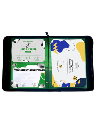 Soccer-themed Proud Moments certificate holders in green and white