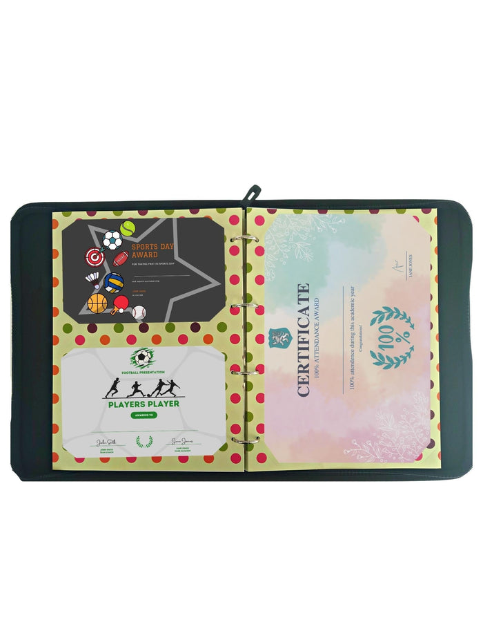 Green polka dot certificate holders for proud moments display