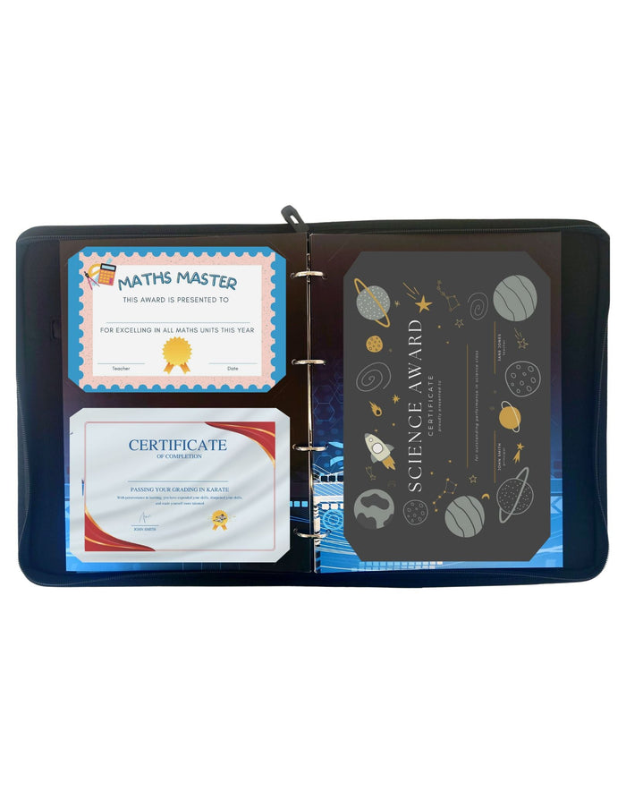 Black leather binder displaying certificates and awards in Proud Moments holders