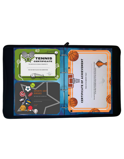 Black leather certificate holders for proud moments with colorful sports display certificates