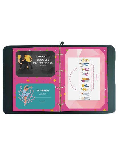 Black leather ring binder with colorful dance cards for proud moments certificate holders