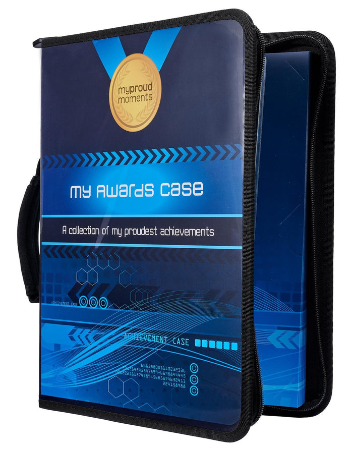 Futuristic boys blue proud moments medal case with hexagons