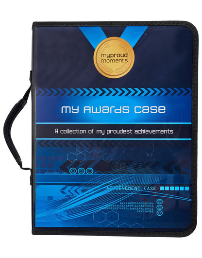 Boys blue Proud Moments medal case with gold award design