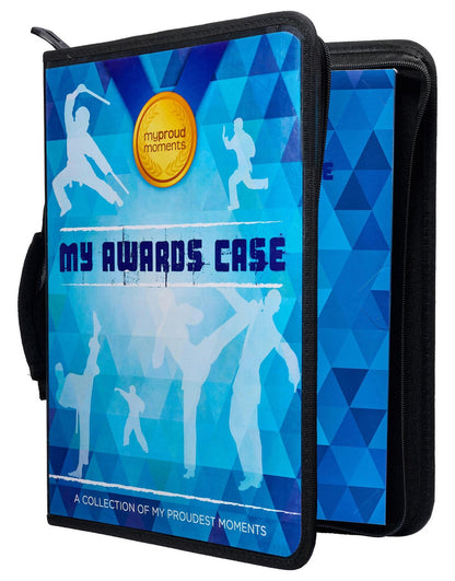 Blue martial arts award case with proud moments medal design