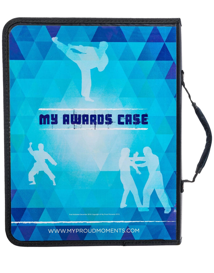 Blue martial arts proud moments medal case with white silhouettes